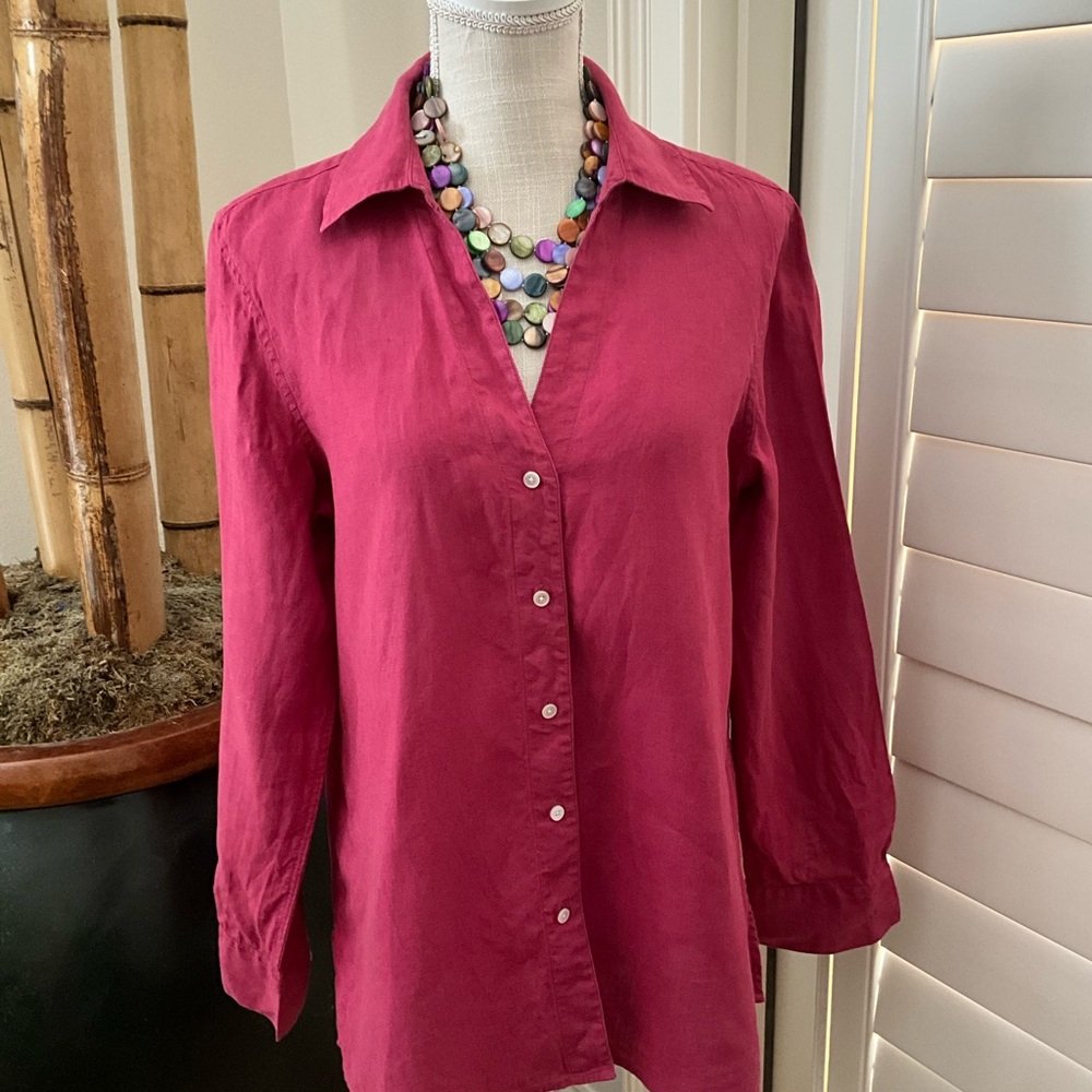 Talbots Irish Button-Front Blouse in Deep Berry color.